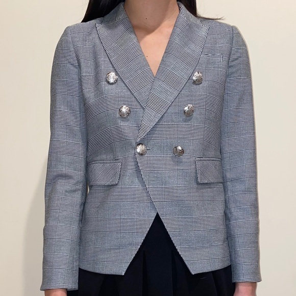 Grey and Black Plaid Double Breasted Blazer - Picture 3 of 3